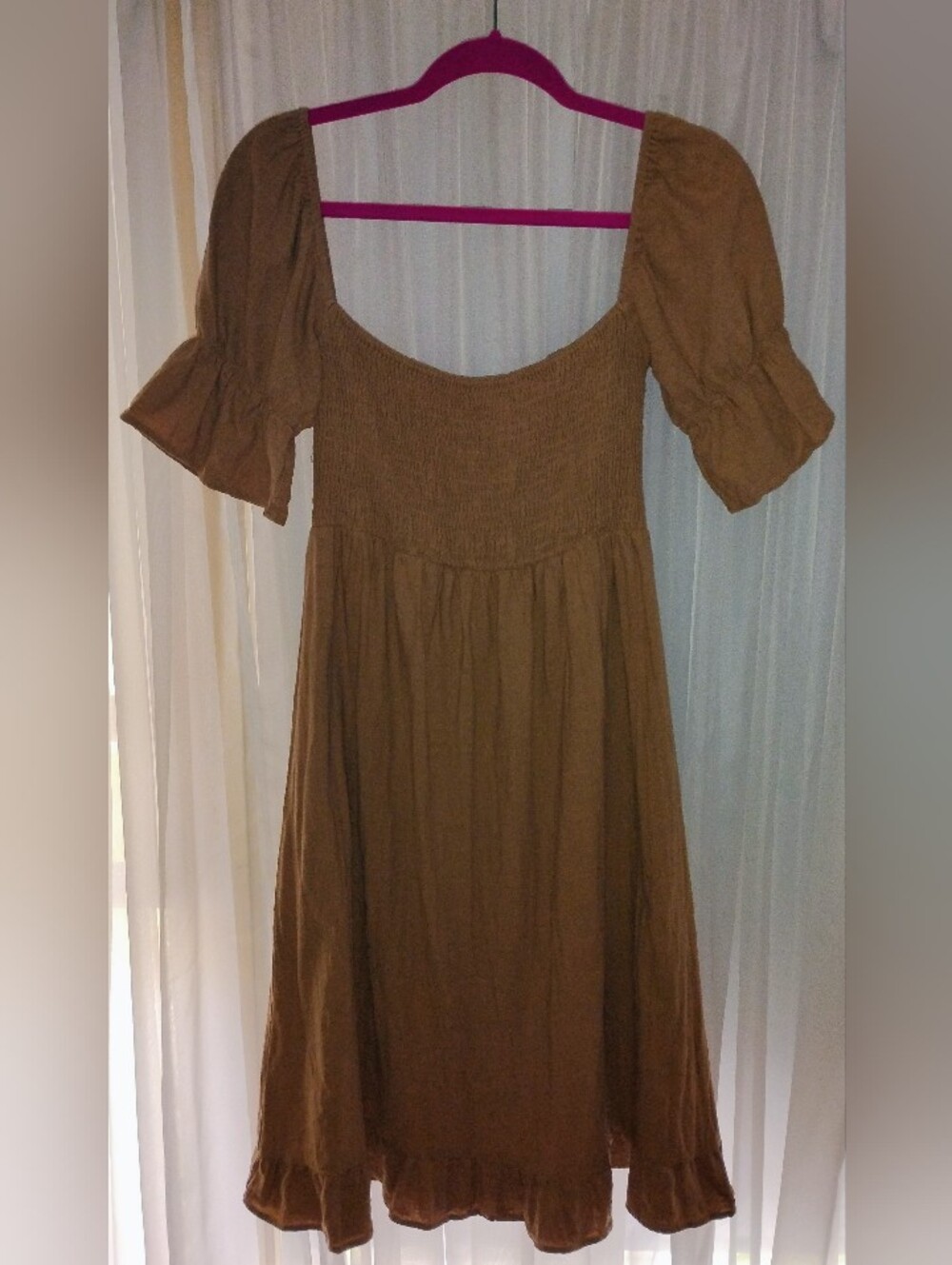 Girl and the Sun Women's Soleil Brown Linen Blend Midi Dress M boho puff smocked